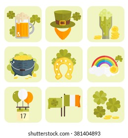 St. Patrick's Day vector illustration. Set of icons for St.Patrick's day. Irish symbols in flat style. Set of cartoon Irish elements: beer, shamrock, rainbow, cauldron with golden coins, beard, hat. 