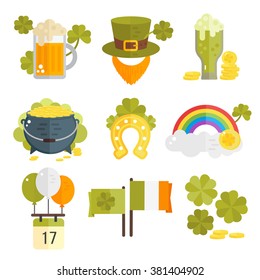 St. Patrick's Day vector illustration. Set of icons for St.Patrick's day. Irish symbols in flat style. Set of cartoon Irish elements: beer, shamrock, rainbow, cauldron with golden coins, beard, hat. 