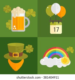 St. Patrick's Day vector illustration. Set of icons for St.Patrick's day. Irish symbols in flat style. Set of cartoon Irish elements: beer, shamrock,cauldron with golden coins, leprechaun's beard, hat