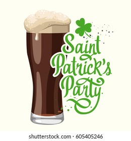 St. Patrick's Day. Vector illustration with glass of beer and congratulations in sketch style. Drink menu for celebration. Irish tradition.