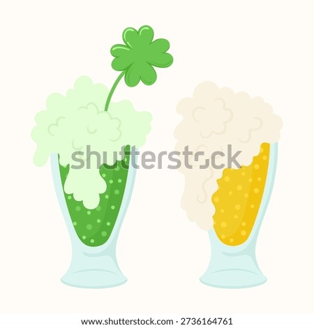 St. Patrick's Day vector illustration featuring two glasses of beer with thick foam, green beer with lucky shamrock clover and traditional lager. Irish pub holiday celebration design elements.