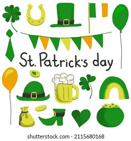 Ilustraciones vectoriales del día de San Patricio. Conjunto de clipart: herradura, cerveza, sombrero, botas, bandera irlandesa, globo, trébol afortunado, monedas, corazón, guirnaldas, una olla de oro, corbata y arco iris. Partido Leprechaun.