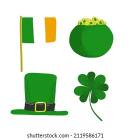 St Patrick's day vector illustrations. Set of 4 objects: green hat, Irish flag, lucky clover, a pot of gold. Leprechaun party elemetst. St Patricks day decorations.