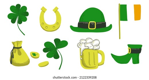 St Patrick's day vector illustrations. Set of clipart: horseshoe, beer, hat, boots, Irish flag, lucky clover, coins, a pouch with gold. Leprechaun party ellements. St Patrick's day objects.