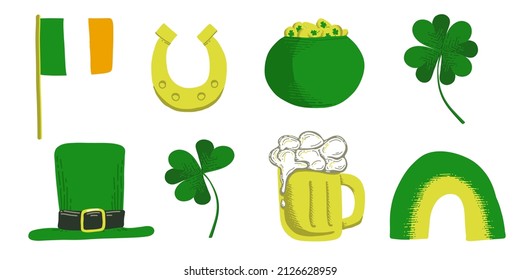 St Patrick's day vector illustrations. Set of objects: horseshoe, beer, green hat, Irish flag, lucky clover, and rainbow. Leprechaun party elements.