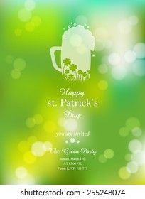 St. Patrick's Day. Vector invitation on green blurred background. 