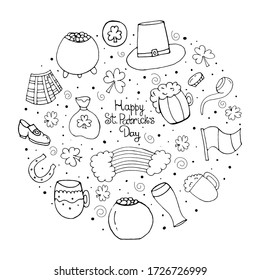 St. Patrick's day.  Vector isolated illustration with a pot of gold, Smoking pipe, beer mug, horseshoe, rainbow, clover, flag, shoes on a white background. Set with a set for St. Patrick's day.