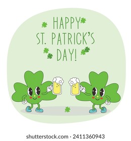 St. Patricks Day vector isolated illustration. Patricks Day postcard with happy trefoils and irish flag.