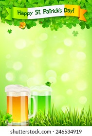 St. Patrick's Day vector leaflet template with beer and clovers on light green background