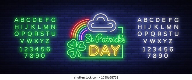 St Patricks Day Vector. Neon sign, logo, invitation symbol, greeting card, postcard. Design a neon style template for your projects. Bright banner. Invitation to the holiday. Editing text neon sign