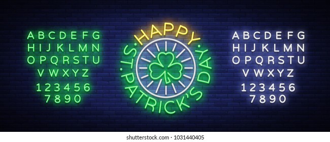 St Patricks Day Vector. Neon sign, logo, invitation symbol, greeting card, postcard. Design a neon style template for your projects. Bright banner. Invitation to the holiday. Editing text neon sign