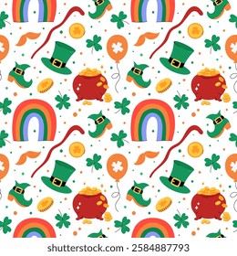 St Patricks Day vector pattern. Leprechauns hat, shamrocks, lucky coins, pot of gold and rainbow. Cute seamless background with Saint Patricks Day symbols. March 17 holiday backdrop. 