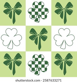 St Patricks Day vector pattern. Checkered shamrocks, bows. Print-ready design for fabric, mugs, bags.