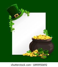 St. Patricks Day vector poster with leprechaun hat, pot with gold and clover leaves, lucky shamrock, golden coins and treasure cauldron. Irish holiday of St. Patrick, Spring Festival greeting card