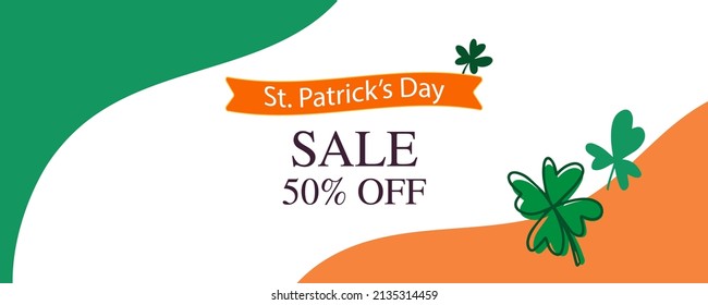 St. Patrick's day vector Sale banner template with shamrock leaves. Irish national holiday background for 17th march.  Shop market poster design. 
