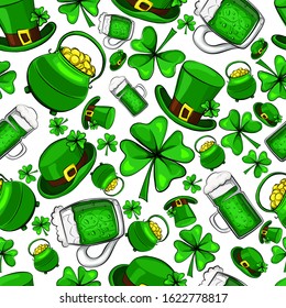 St. Patrick's Day vector seamless pattern on a white background.