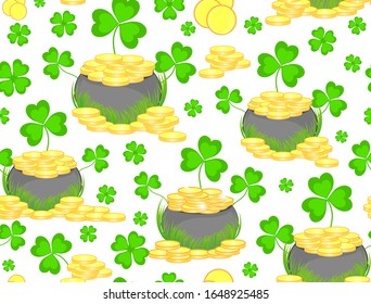 St. Patrick's day vector seamless pattern with golden pots and clover