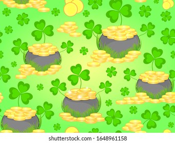 St. Patrick's day vector seamless pattern with golden pots and clover