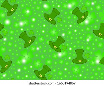 St. Patrick's day vector seamless pattern with green leprechaun hats and four-leaved clover