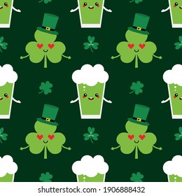 St. Patrick's Day vector seamless pattern background with cute cartoon style characters shamrock in green leprechaun hat and glass of green beer.