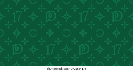 St. Patrick's Day vector seamless pattern, background from green four-leafed numbers 17, abbreviation PD