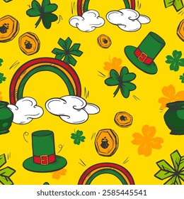 St. Patrick's Day vector seamless pattern hand drawn.  Many clover leaves, big rainbow, small green pot, coins. Holiday symbols graphic set. Bright festive print. Flat cartoon style. Funny simple art