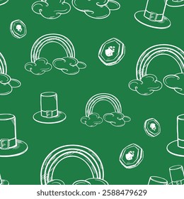 St. Patrick's Day vector seamless pattern hand drawn. Many contour big rainbows, cute small top hats, golden coins. Hatched holiday sketch. Graphic monochrome festive print. Cartoon art elements set