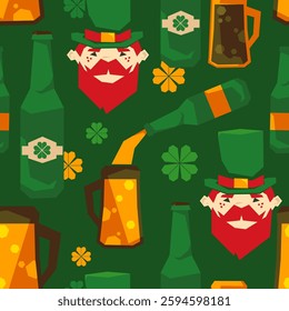 St. Patrick's Day vector seamless pattern. Bright holiday print. Leprechaun face, pouring beer, many big mugs icons. Cute graphic background for ad design, party invitation. Rough-shape cartoon style