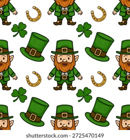 Patrón sin fisuras del Vector del día de San Patricio con duendes, tréboles y herraduras