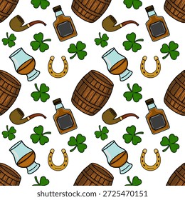 Patrón sin fisuras del Vector del día de San Patricio con whisky, tréboles, tuberías, barriles y herraduras