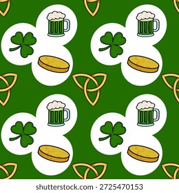 Patrón sin fisuras del Vector del día de San Patricio con tréboles, tazas de cerveza y monedas de oro