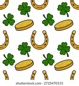 St. Patrick's Day vector seamless pattern with lucky clovers and gold coins