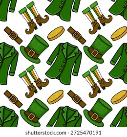Patrón sin costuras de Vector del día de San Patricio con sombreros de duende, chaquetas, botas y monedas de oro