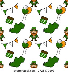 Patrón sin fisuras del Vector del día de San Patricio con duendes, tréboles y banderas irlandesas