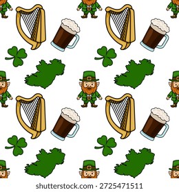 St. Patrick's Day Vektor nahtloses Muster mit Kobolden, Harfen, Shamrocks, Bierbecher, und Irland Karte