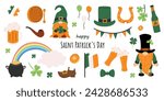 St. Patrick's day vector set. Saint Patrick's Day collection. Collection with leprechauns, Irish flag and beer, clover, pot of gold and rainbow. Hand drawn illustration on white isolated background. 