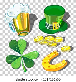 St. Patrick's Day vector set for Saint Patrick Day Irish spring holiday with Hat, Beer, Horseshoe, Golden Coins and Clover Leaf for great luck and happy. Vector Illustration on transparent background