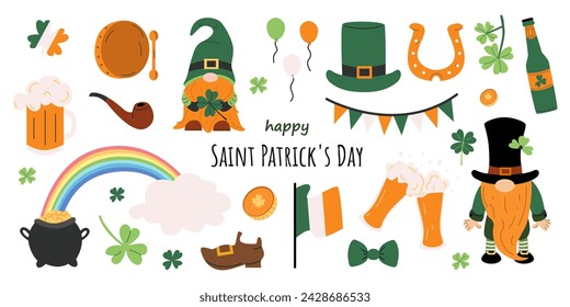 St. Patrick's day vector set. Saint Patrick's Day collection. Collection with leprechauns, Irish flag and beer, clover, pot of gold and rainbow. Hand drawn illustration on white isolated background. 