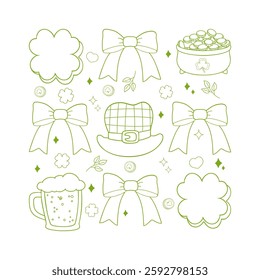 St. Patrick's Day Vector set. Outline elements for retro design. Hats, four-leaf clovers, glasses of beer, pots with gold, horseshoes and coins. Patrick's Day celebration vector