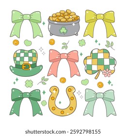 St. Patrick's Day Vector set. Green elements for retro design. Hats, four-leaf clovers, glasses of beer, pots with gold, horseshoes and coins. Patrick's Day celebration vector