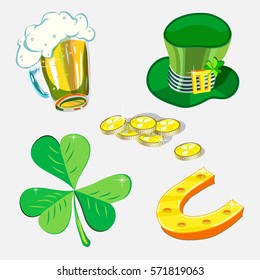 St. Patrick's Day vector set for Saint Patrick Day Irish spring holiday with Hat, Beer, Horseshoe, Golden Coins and Clover Leaf for great luck and happy