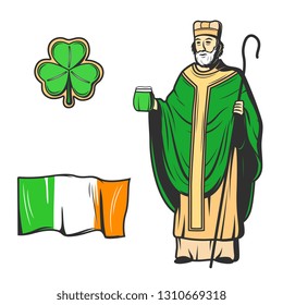 St Patricks Day vector symbols of Saint Patrick apostle of Ireland with glass of green beer and bishop crosier, three leaved shamrock and flag of Ireland. Irish holiday of patron saint