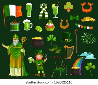 Símbolos vectoriales del Día de San Patricio, leprechaun irlandés y olla con monedas de oro, hojas de shamrock o de trébol, cerveza verde y afortunada herradura, sombrero, botas, barba naranja y arco iris. Vacaciones en Irlanda