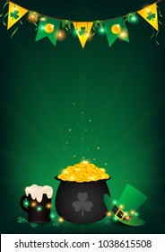 st. Patrick's Day vertical background contains  fairy lights tie up around a pot of gold coin, top hanging bunting and holding string lights ,beer and green top hat be side a black pot over shamrock