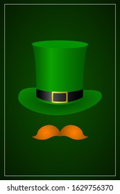 ST PATRICKS DAY vertical banner with leprechaun hat and mustache. Vector illustration.