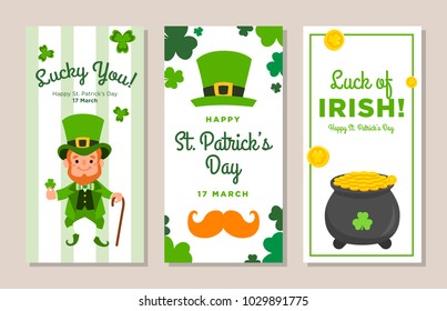 St. Patrick's Day vertical banners set. Vector illustration. Holiday brochure design, greeting cards, gift voucher, invitation