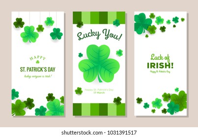 St. Patrick's Day vertical banners set. Vector illustration. Holiday brochure design, greeting cards, gift voucher, invitation