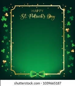 St. Patrick's Day vertical frame contain golden border ,shamrock along with border ,dark green background and golden text, artwork leave some free space one the middle as green tone of single spot