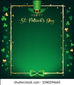 St. Patrick's Day vertical frame contain green top hat over golden border ,shamrock along with border ,dark green background and golden text, free space on the middle as green tone of single spotlight