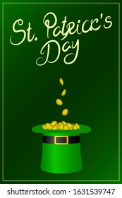 ST PATRICKS DAY vertical greeting cart. Leprechaun top hat and gold. Vector illustration.